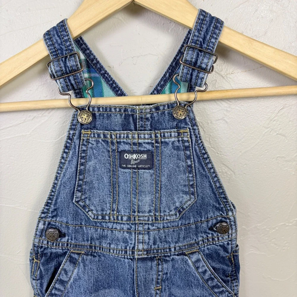 OshKosh B'gosh Denim Overalls Baby 18M Plaid‎ Lined Blue Carpenter Workwear
